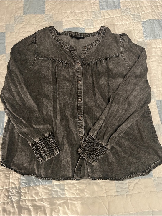 Jane and Delancey Tops - Jane and Delancey Washed Black Button-Down Blouse with Smocked Cuffs